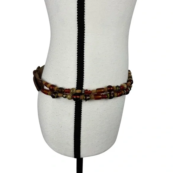 Boho Beaded Leather Belt Brown Multicolor Beads Hippie Tribal Festival Medium - Picture 2 of 7